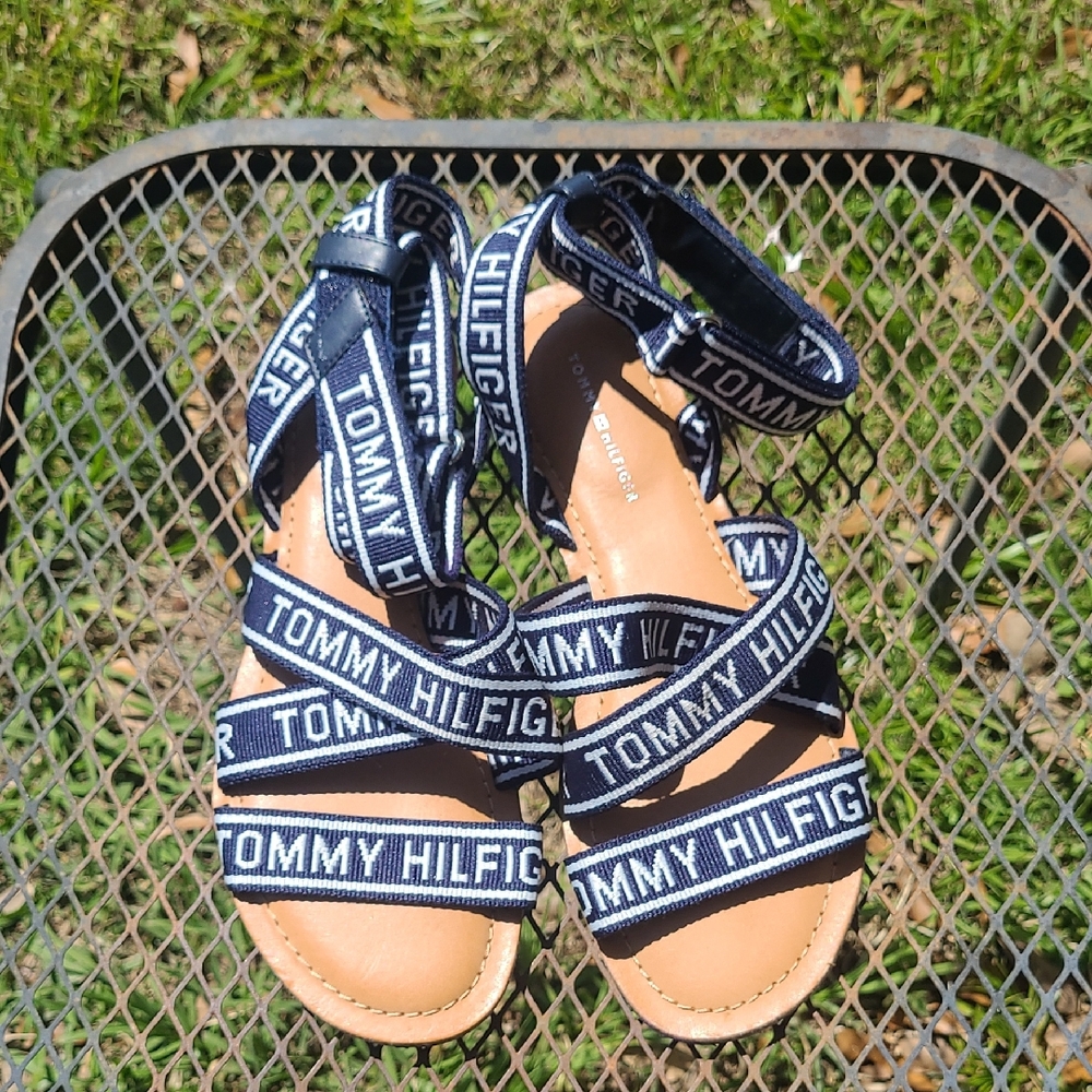 Tommy Hilfiger Navy and Tan Logo Strap Sandals